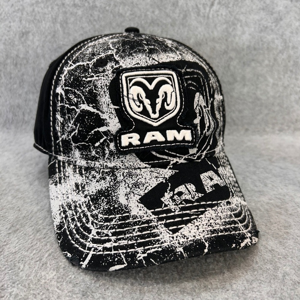Ram Logo Mens Black White RAM Truck Hat Distressed Stretch Fit Cap S/M